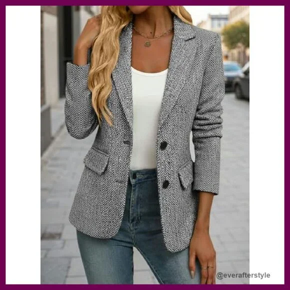 Herringbone Tweed Blazer Slim Fit Notched Lapel Office Work Jacket Classic - Picture 4 of 7